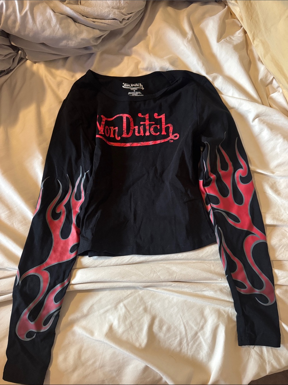 Von Dutch Black Long-Sleeve Tee with Red Flame Sleeves